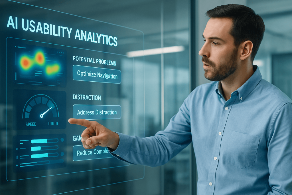 Researcher using AI usability analytics to identify navigation, distraction, and speed issues in digital products.