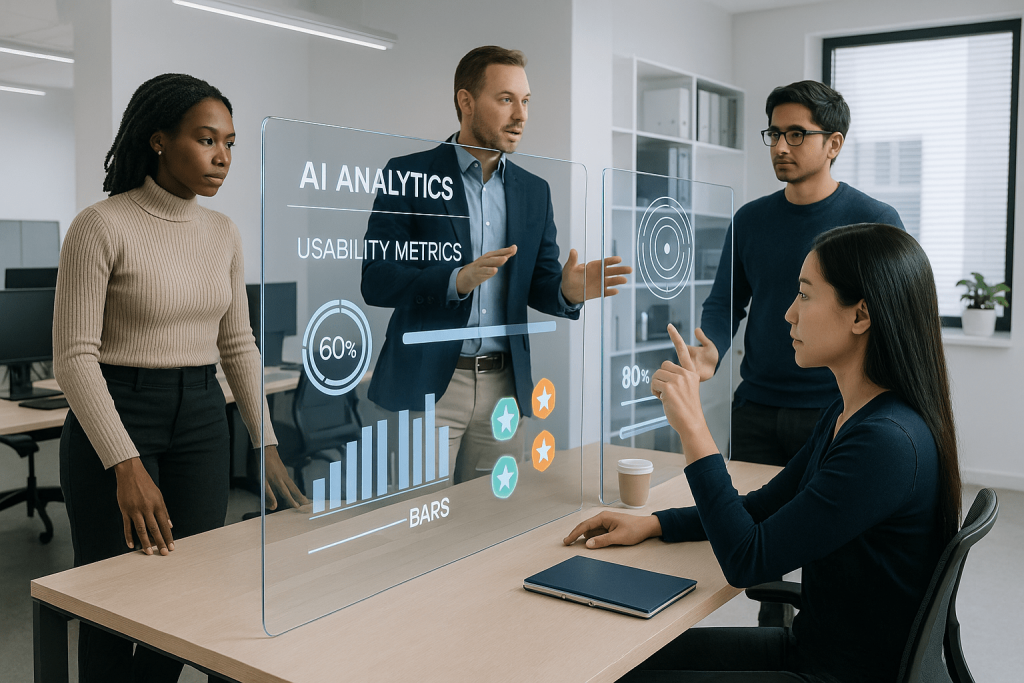 UX researchers reviewing AI usability analytics with interactive digital screens showing metrics and performance scores.