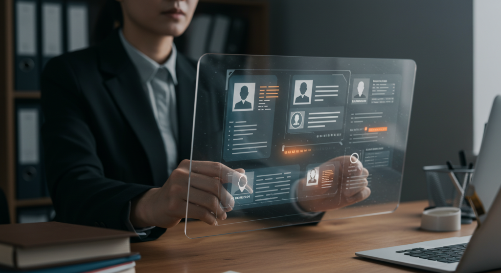 HR recruiter using AI-powered Applicant Tracking System on a transparent screen to review candidate profiles and shortlist applicants efficiently.
