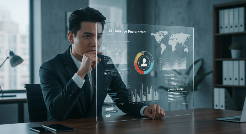Business professional analysing AI-driven recruitment dashboard with charts, diversity audit data, and candidate insights on a transparent digital interface.