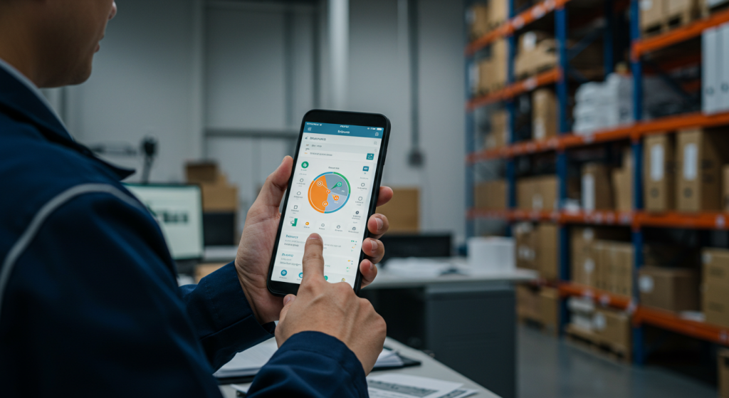 A logistics personnel using a mobile application with inventory management and tracking system.
