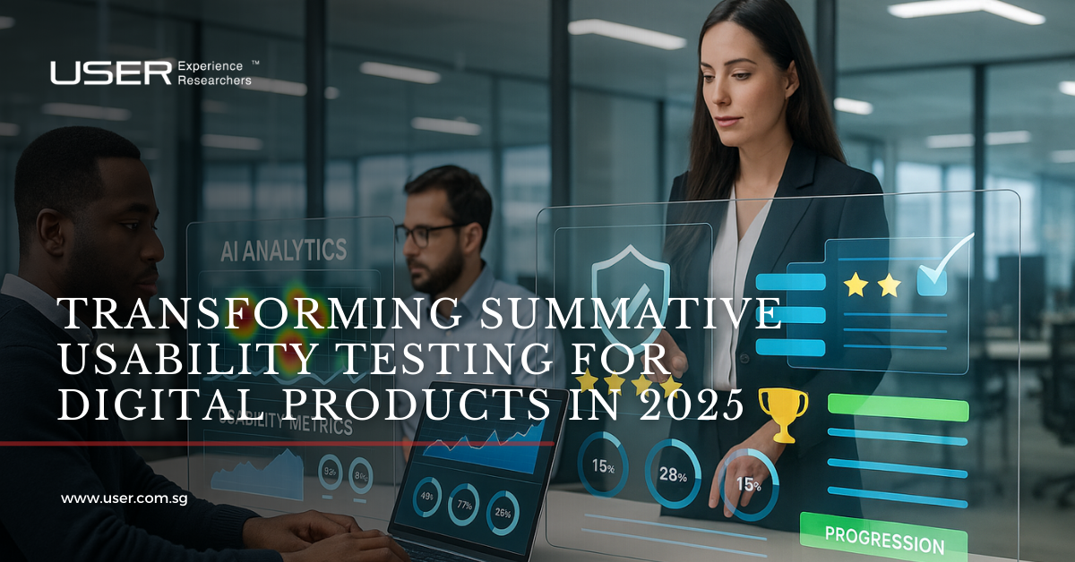AI-driven usability testing with UX researchers analysing digital product metrics and progress in 2025