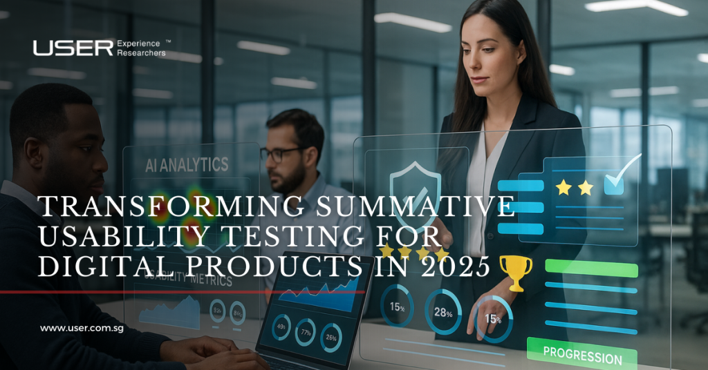 AI-driven usability testing with UX researchers analysing digital product metrics and progress in 2025